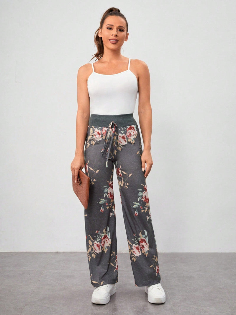 VCAY Pantalones rectos con estampado floral de cintura con nudo