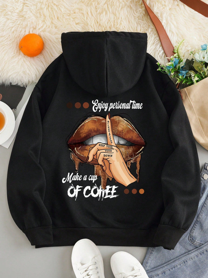 Icon sudadera con capucha termica con bolsillo tipo canguro, cordon y grafico de eslogan y labios, disfruta de tu tiempo personal, por favor manten la voz baja, hazte una taza de cafe