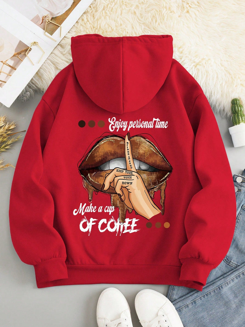 Icon sudadera con capucha termica con bolsillo tipo canguro, cordon y grafico de eslogan y labios, disfruta de tu tiempo personal, por favor manten la voz baja, hazte una taza de cafe