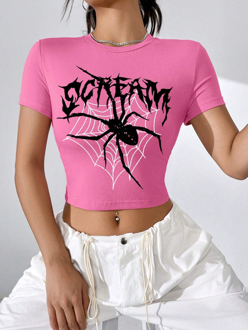 Camiseta rosa Letter Spider impresa de manga corta y corte ajustado para mujer VENO