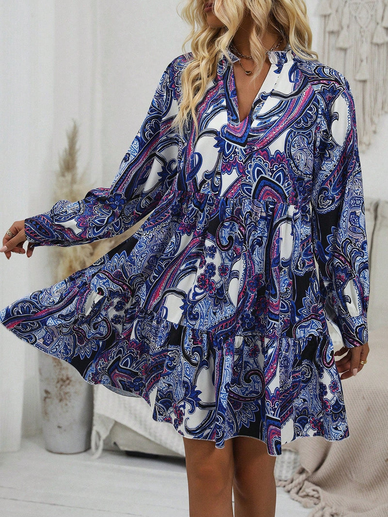 Vestido smock con estampado de cuello notch bajo con fruncido