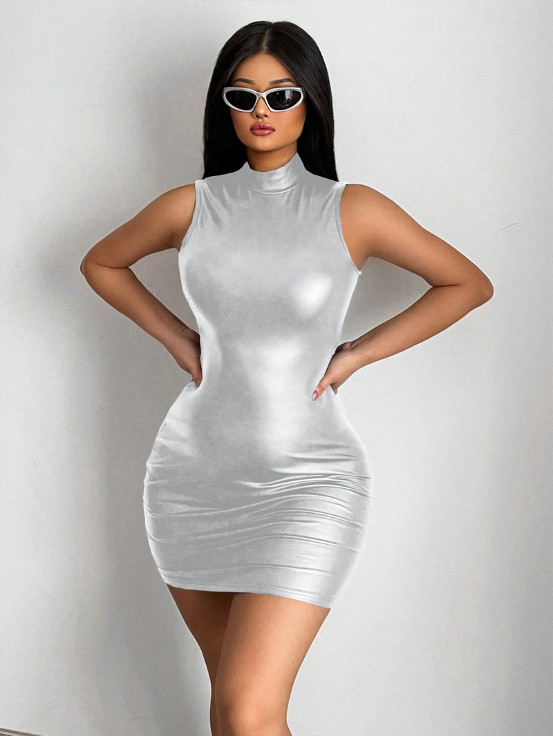 SXY Vestido ajustado de cuello alto cuero PU