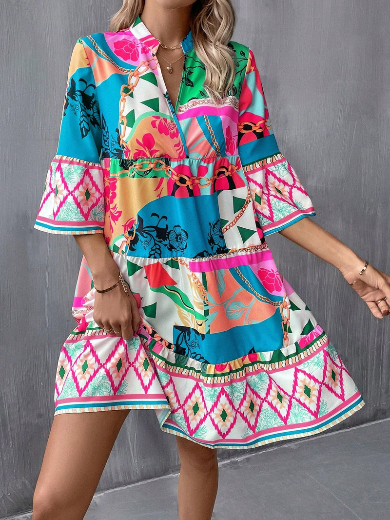 VCAY Vestido smock con estampado geometrico de manga con volante bajo con fruncido