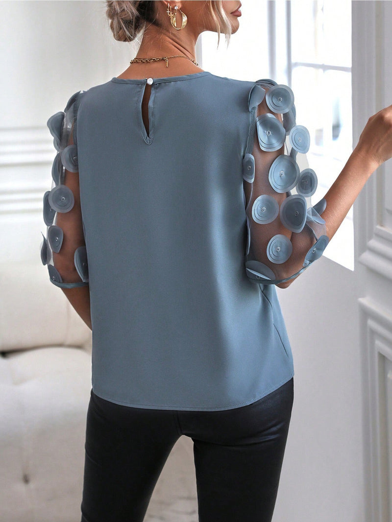 Blusa de malla en contraste de manga farol