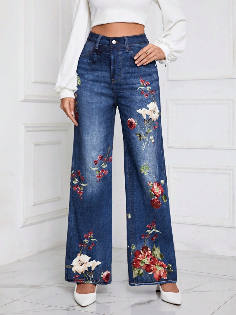 Essnce Jeans con estampado floral de pierna ancha