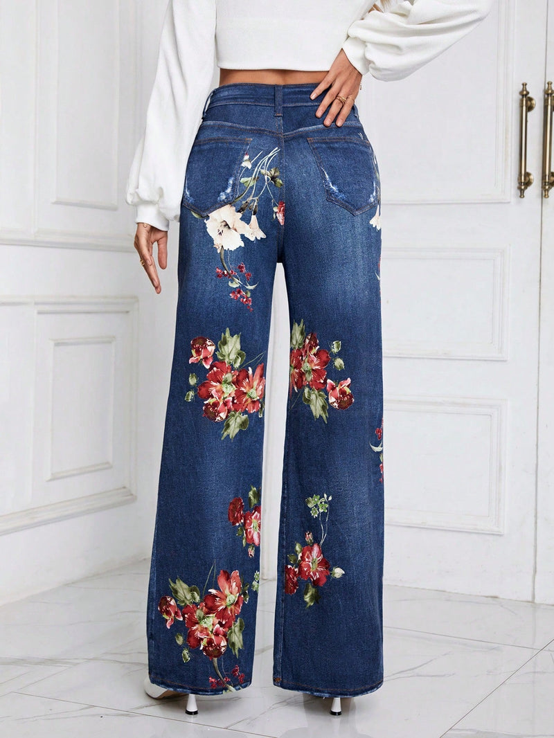 Essnce Jeans con estampado floral de pierna ancha