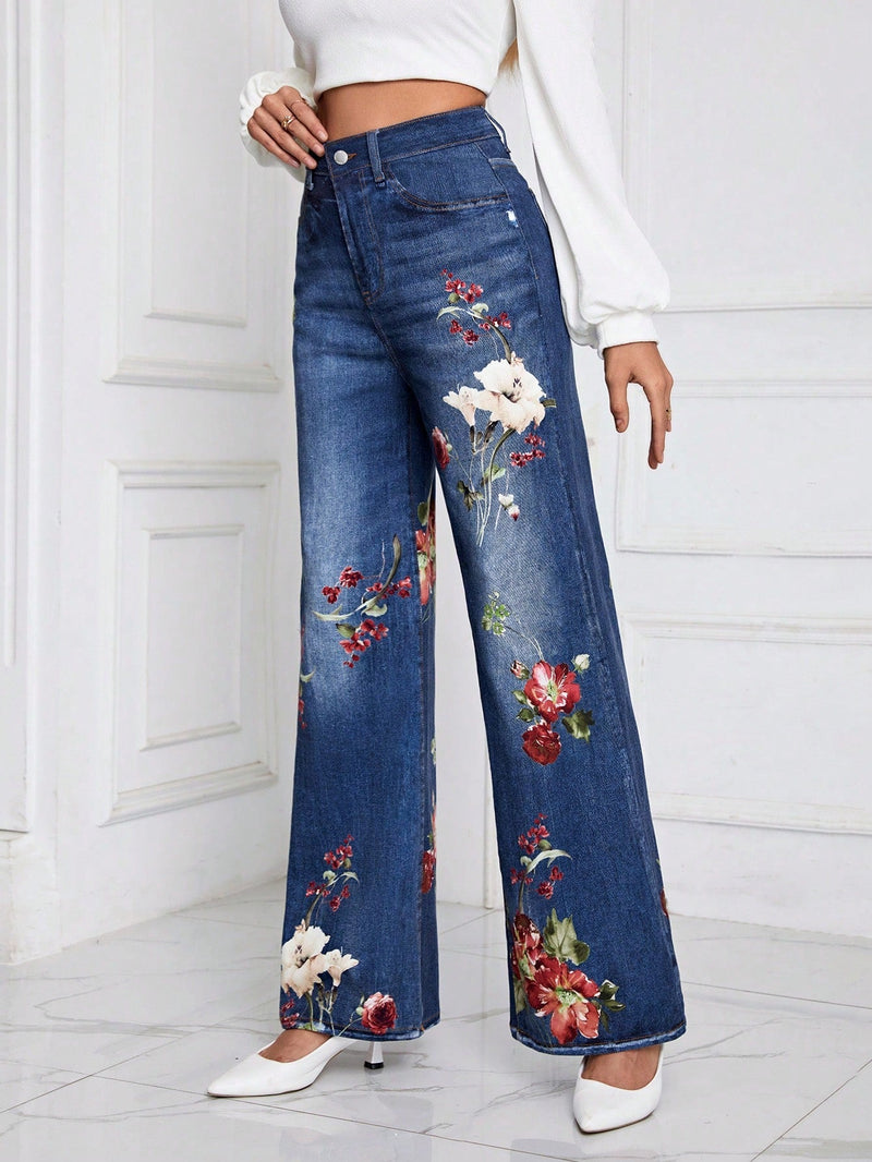 Essnce Jeans con estampado floral de pierna ancha