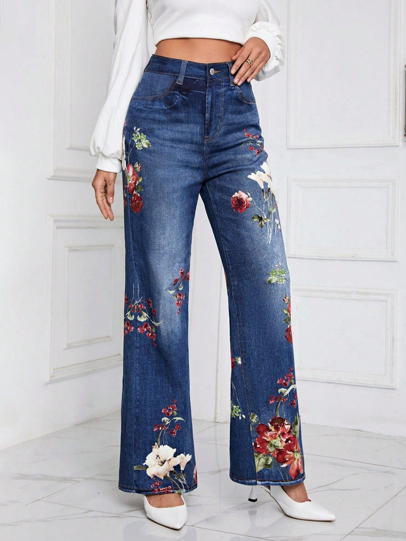 Essnce Jeans con estampado floral de pierna ancha