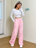 Pantalones Largos De Mujer De Color Rosa Palido Con Pliegues