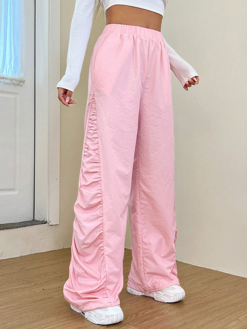 Pantalones Largos De Mujer De Color Rosa Palido Con Pliegues