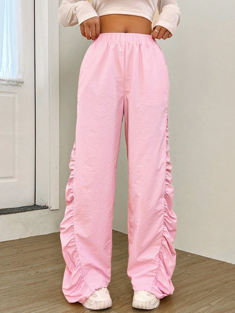 Pantalones Largos De Mujer De Color Rosa Palido Con Pliegues