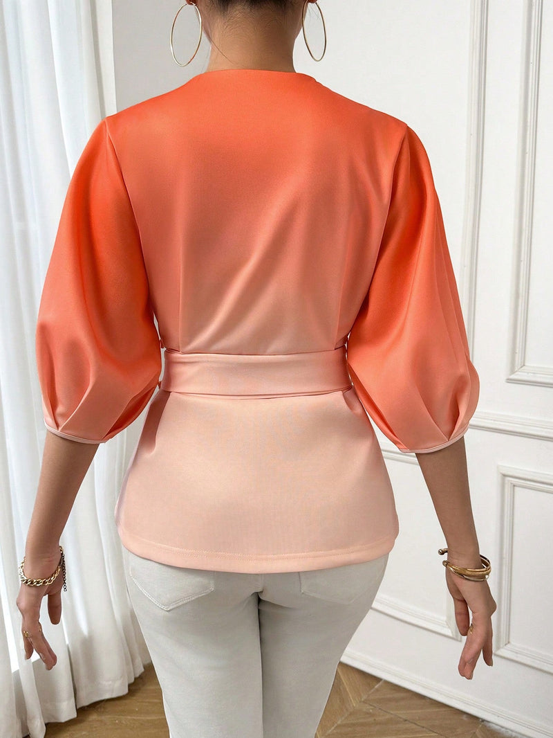 Prive Blusa de ombre con fruncido de manga farol bajo asimetrico con cinturon