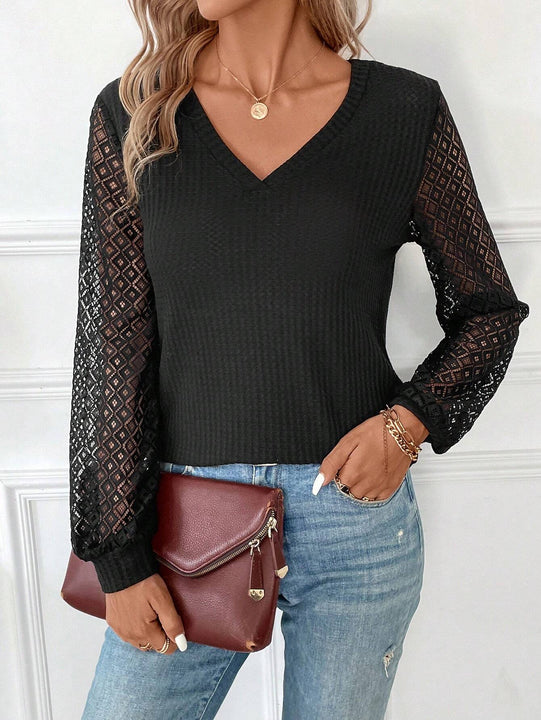 Frenchy Top De Manga De Farol Con Encaje En Contraste