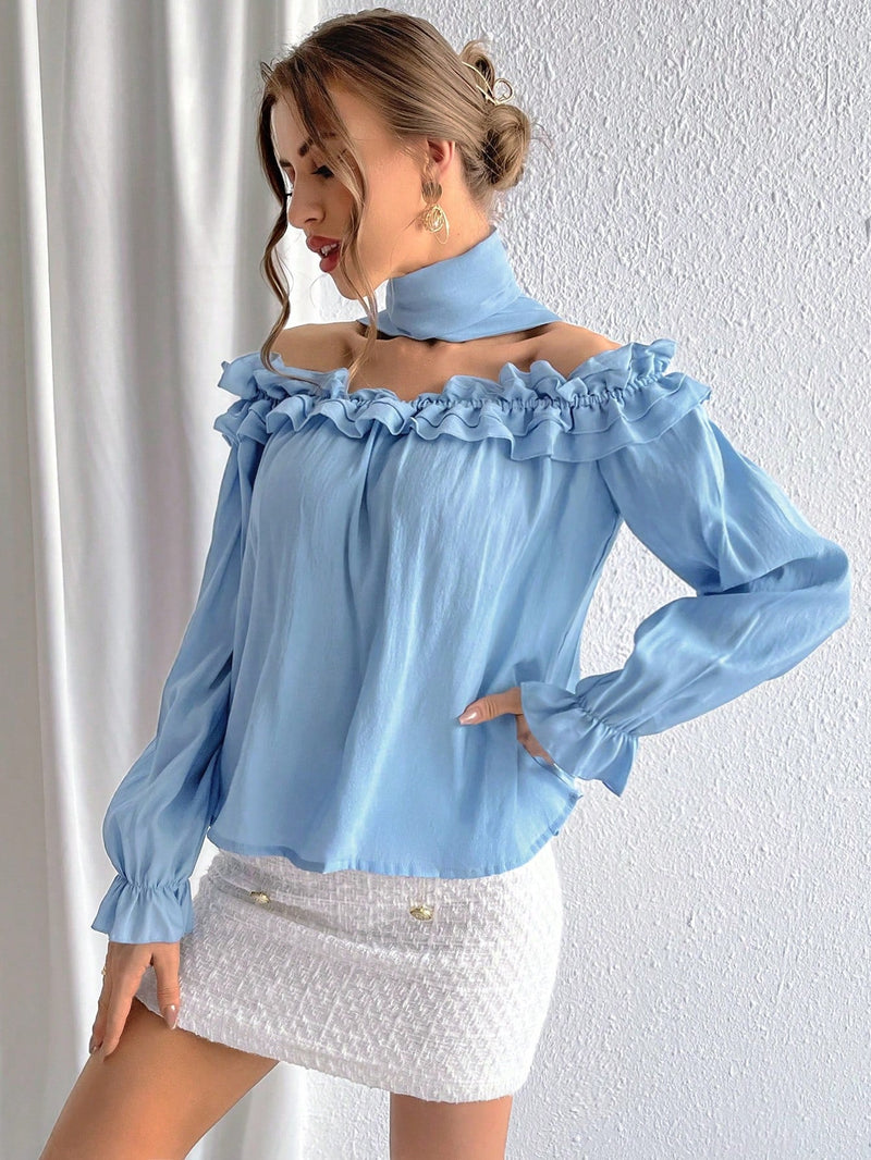 Prive Blusa De Hombros Descubiertos Con Volantes Y Mangas Acampanadas En Color Solido