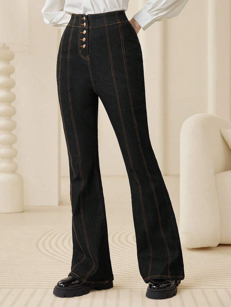 Mulvari Pantalones Vaqueros Largos Acampanados De Mujer Con Cintura Alta Ajustada Y Elasticos Comodos En Color Negro Con Botones Frontales Elegantes Y Versatiles