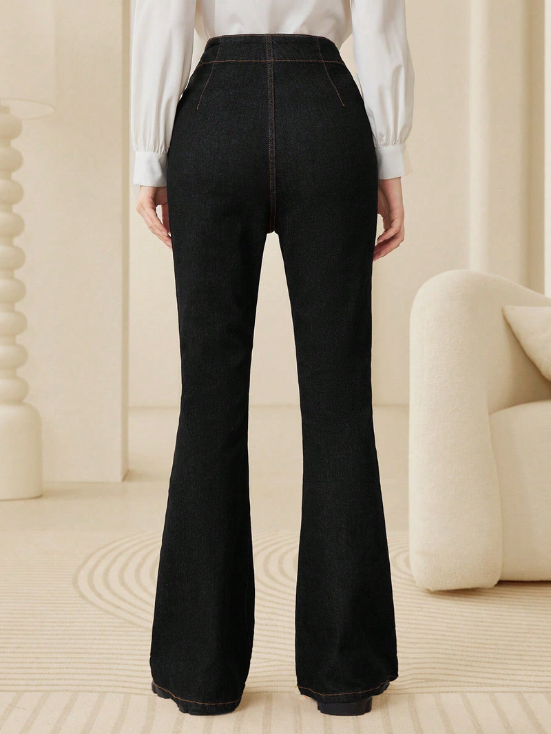 Mulvari Pantalones Vaqueros Largos Acampanados De Mujer Con Cintura Alta Ajustada Y Elasticos Comodos En Color Negro Con Botones Frontales Elegantes Y Versatiles