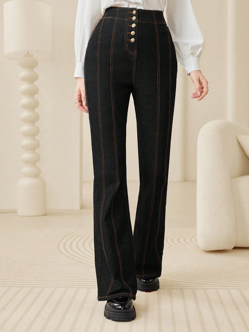 Mulvari Pantalones Vaqueros Largos Acampanados De Mujer Con Cintura Alta Ajustada Y Elasticos Comodos En Color Negro Con Botones Frontales Elegantes Y Versatiles