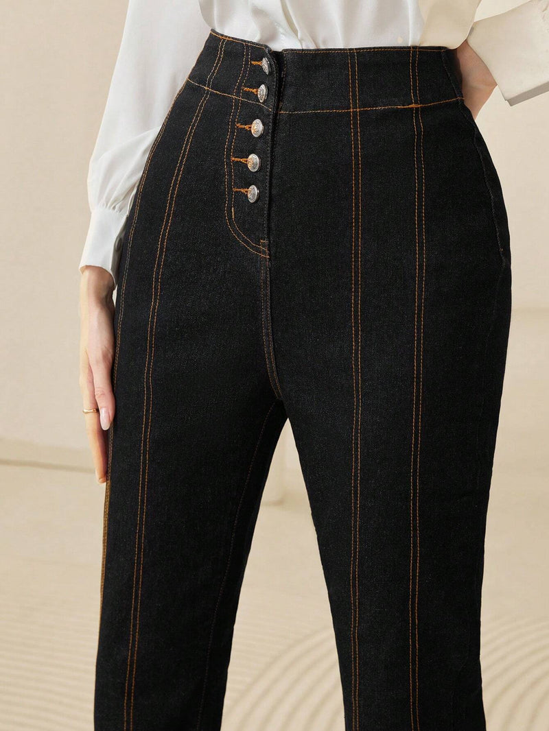 Mulvari Pantalones Vaqueros Largos Acampanados De Mujer Con Cintura Alta Ajustada Y Elasticos Comodos En Color Negro Con Botones Frontales Elegantes Y Versatiles