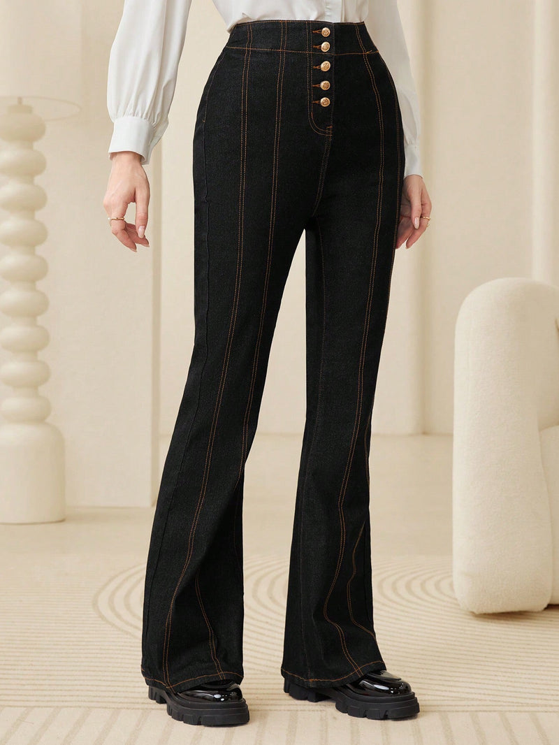 Mulvari Pantalones Vaqueros Largos Acampanados De Mujer Con Cintura Alta Ajustada Y Elasticos Comodos En Color Negro Con Botones Frontales Elegantes Y Versatiles