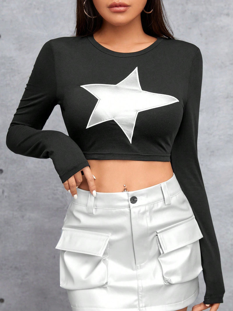 PETITE Camiseta De Manga Larga Para Mujer Con Estampado De Estrellas Y Corte Corto