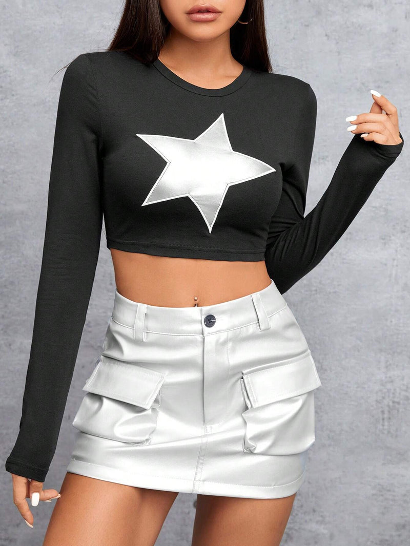 PETITE Camiseta De Manga Larga Para Mujer Con Estampado De Estrellas Y Corte Corto