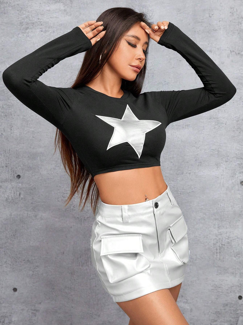 PETITE Camiseta De Manga Larga Para Mujer Con Estampado De Estrellas Y Corte Corto