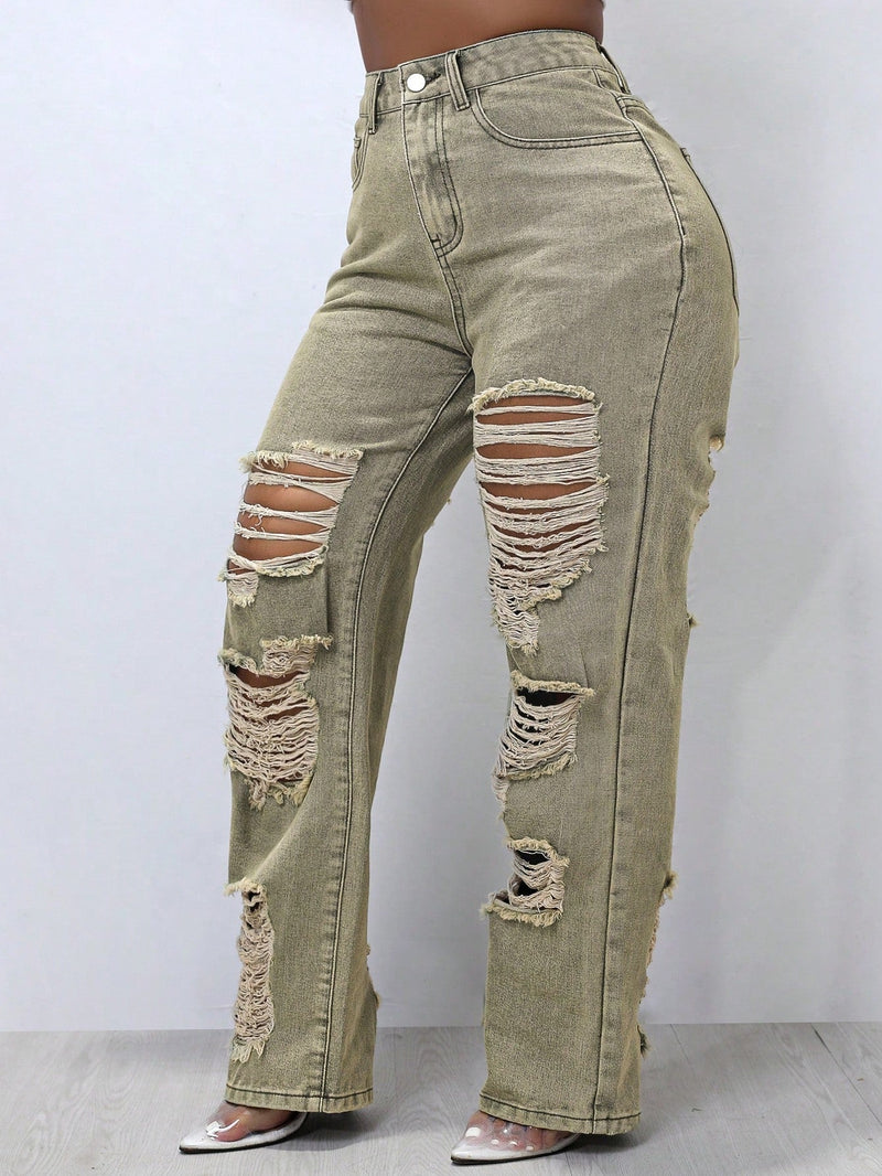 Pantalones Jeans rasgados con corte recto, con bolsillos oblicuos, desgastados y cortes para callejeros Y2K