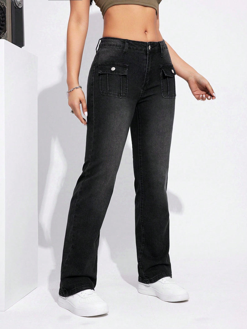 EZwear Jeans de pierna amplia con bolsillo con solapa