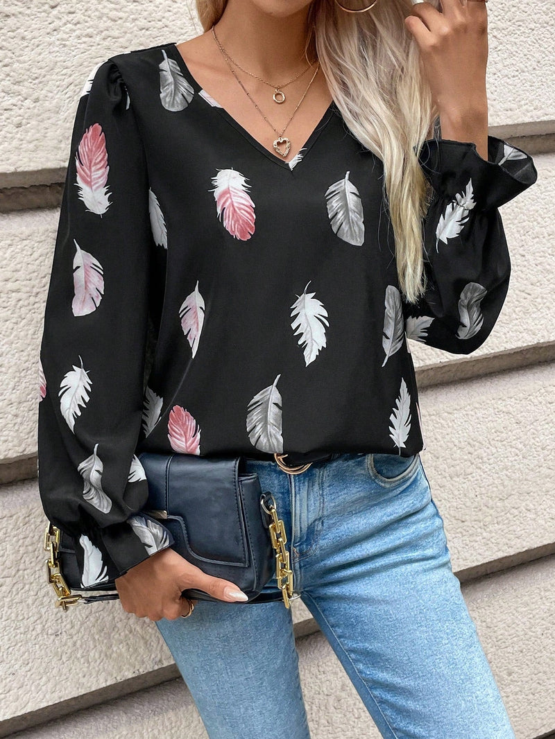 Frenchy Camisa De Encaje Con Empalme Y Estampado De Plumas Para Mujer