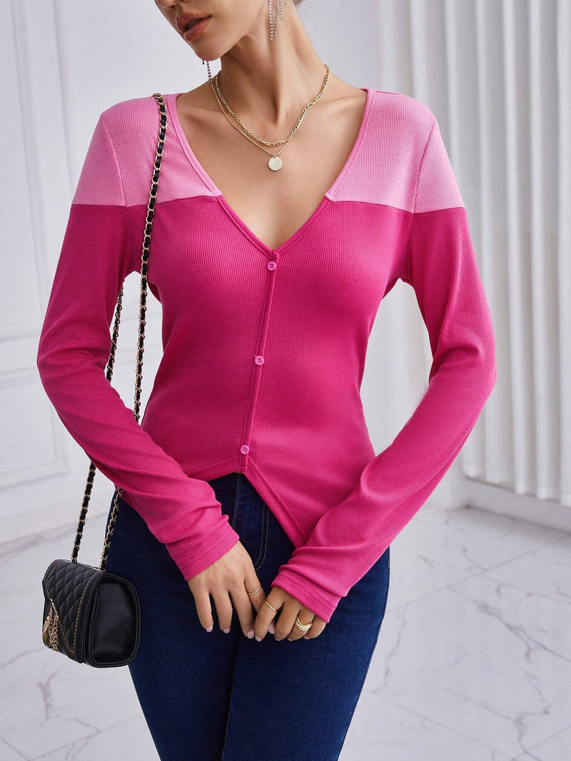 Prive Camiseta De Mujer Con Cuello En V De Color Contrastante Y Ajuste Delgado Para El Dia De San Valentin