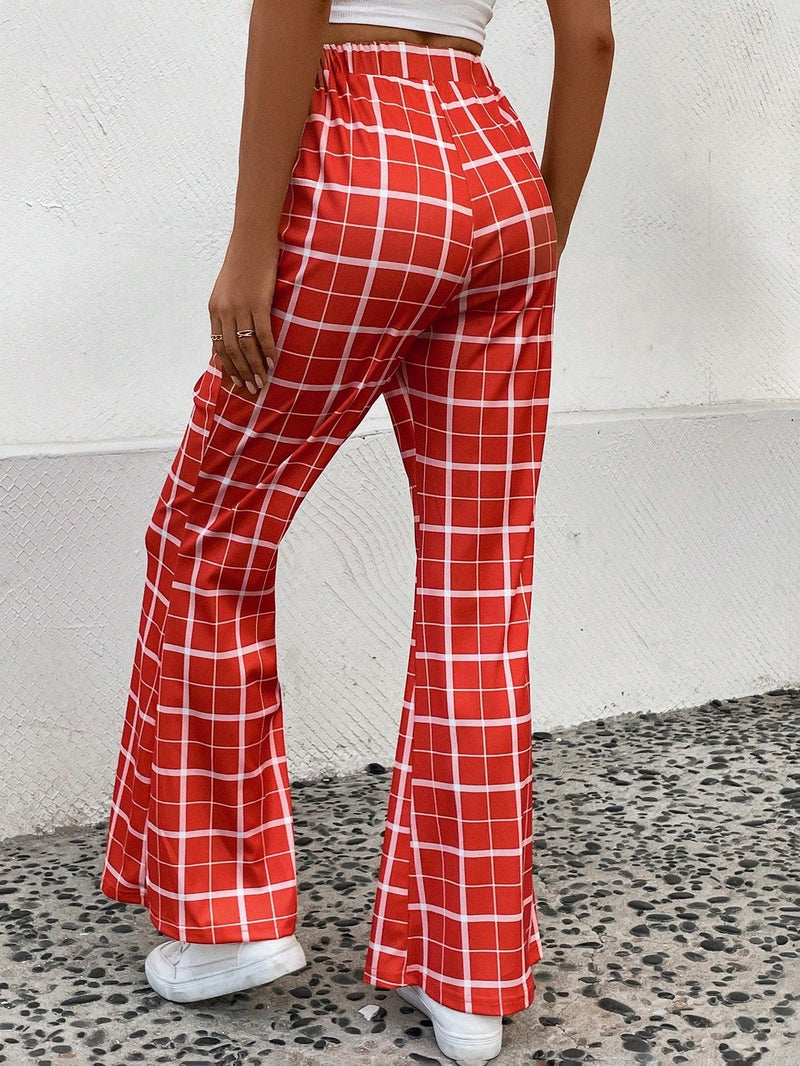 Pantalones Largos Acampanados A Cuadros Para Mujer