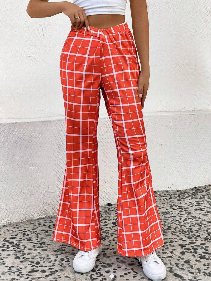 LUNE Pantalones Largos Acampanados A Cuadros Para Mujer