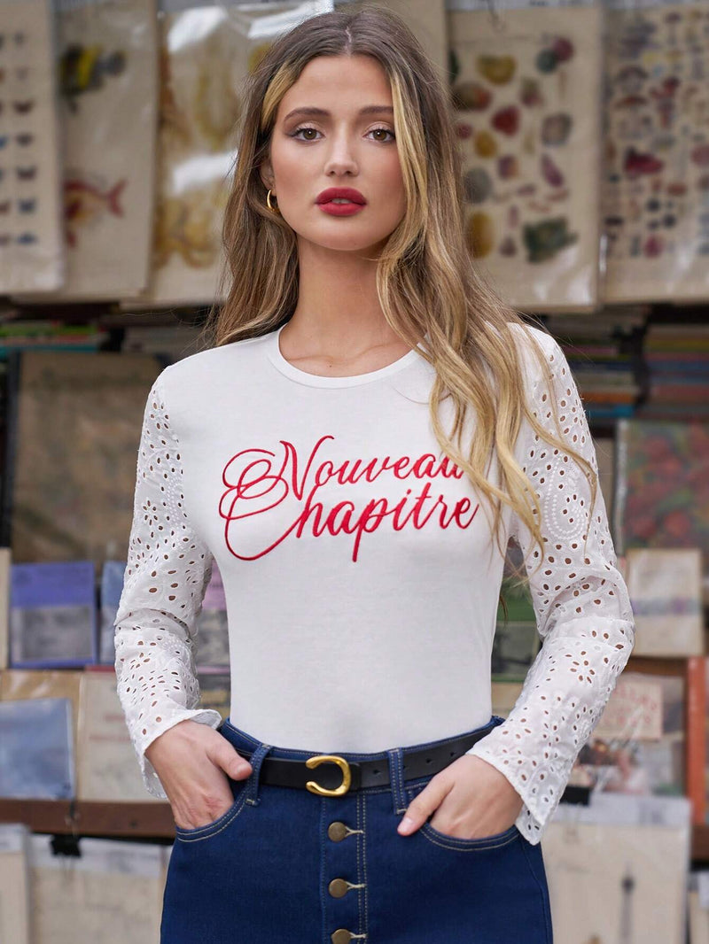 Frenchy Camiseta De Manga Larga Bordada De Letter Para Mujer