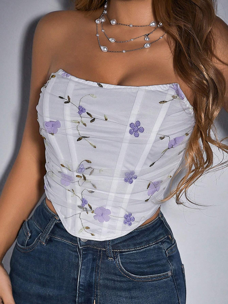 BAE Blusa Floral Bordada Sin Tirantes Para Mujer