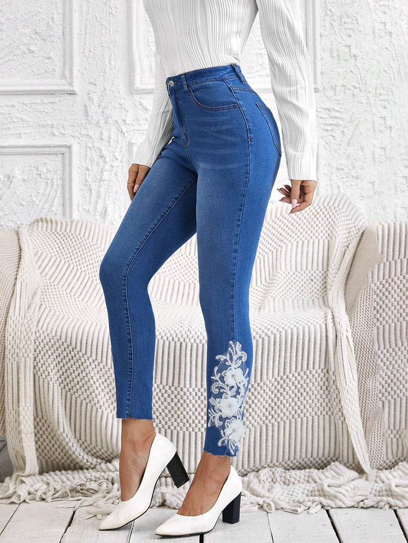 EMERY ROSE 3d Jeans ajustados de mujeres con bordado flores