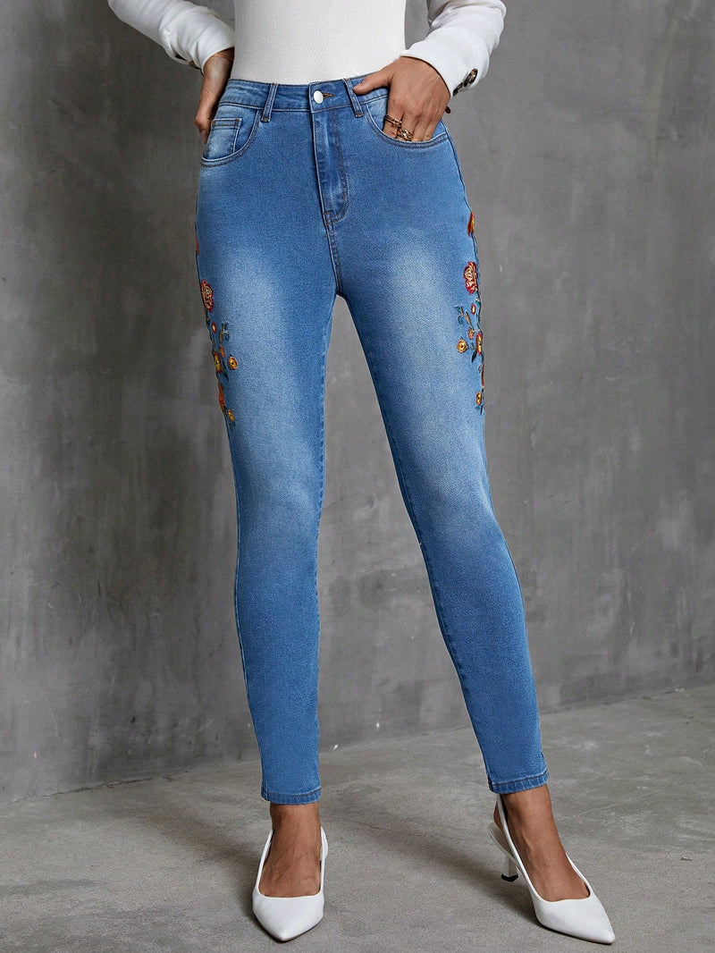 LUNE Jeans Ajustados Bordados En Flores Para Mujer