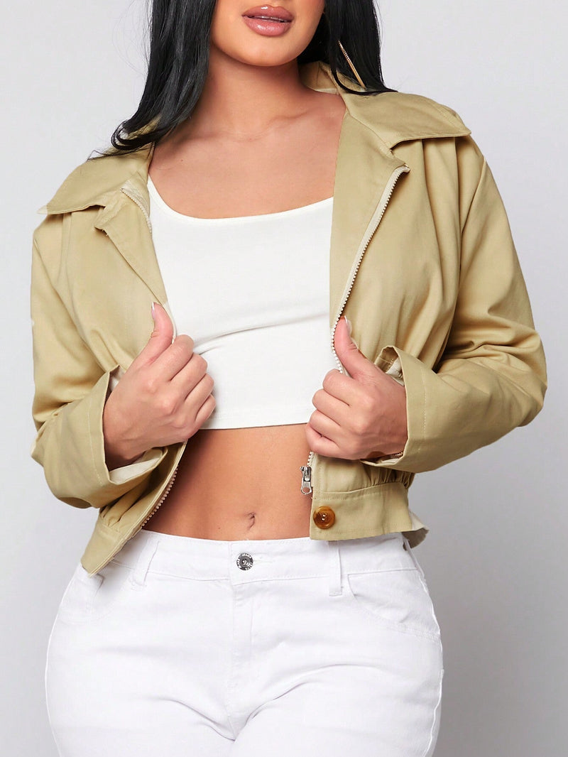 SXY Chaqueta Corta Casual Y Suelta De Mujer En Color Khaki