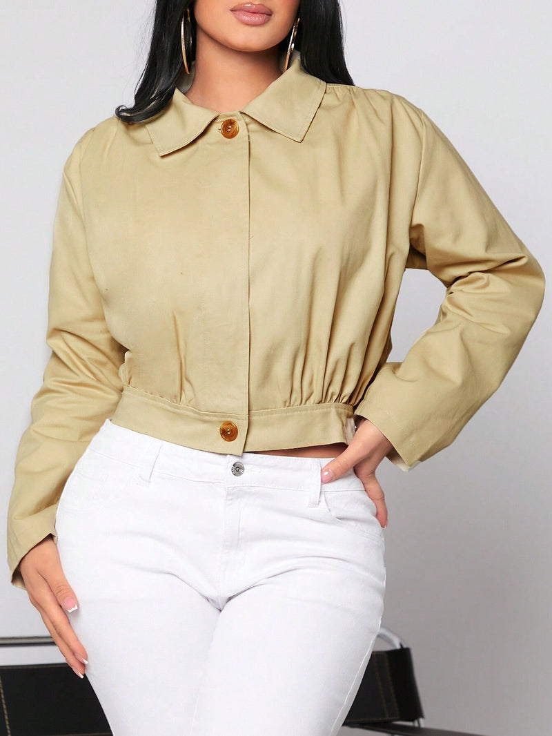 SXY Chaqueta Corta Casual Y Suelta De Mujer En Color Khaki