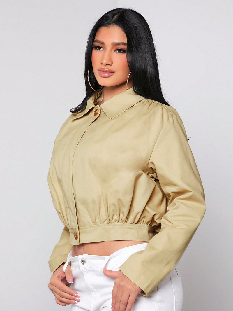 SXY Chaqueta Corta Casual Y Suelta De Mujer En Color Khaki