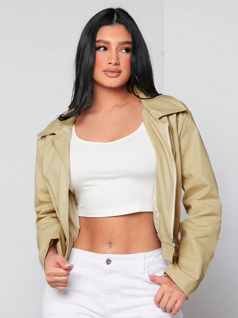 SXY Chaqueta Corta Casual Y Suelta De Mujer En Color Khaki