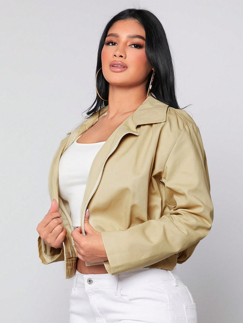 SXY Chaqueta Corta Casual Y Suelta De Mujer En Color Khaki