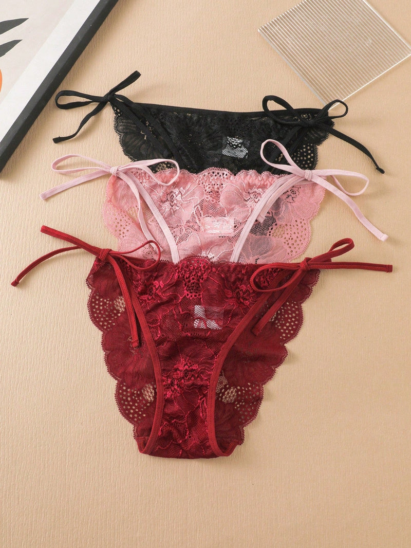 3 Piezas De Tanga De Encaje Para Mujeres Con Tirantes Laterales Y Detalles Florales, Ropa Interior