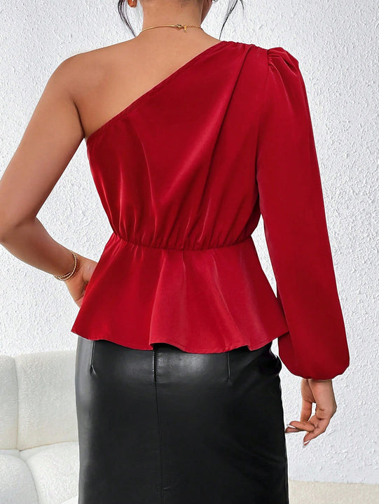 Prive Camisa De Un Hombro Para Mujer Con Mangas De Linterna Y Dobladillo Con Volantes