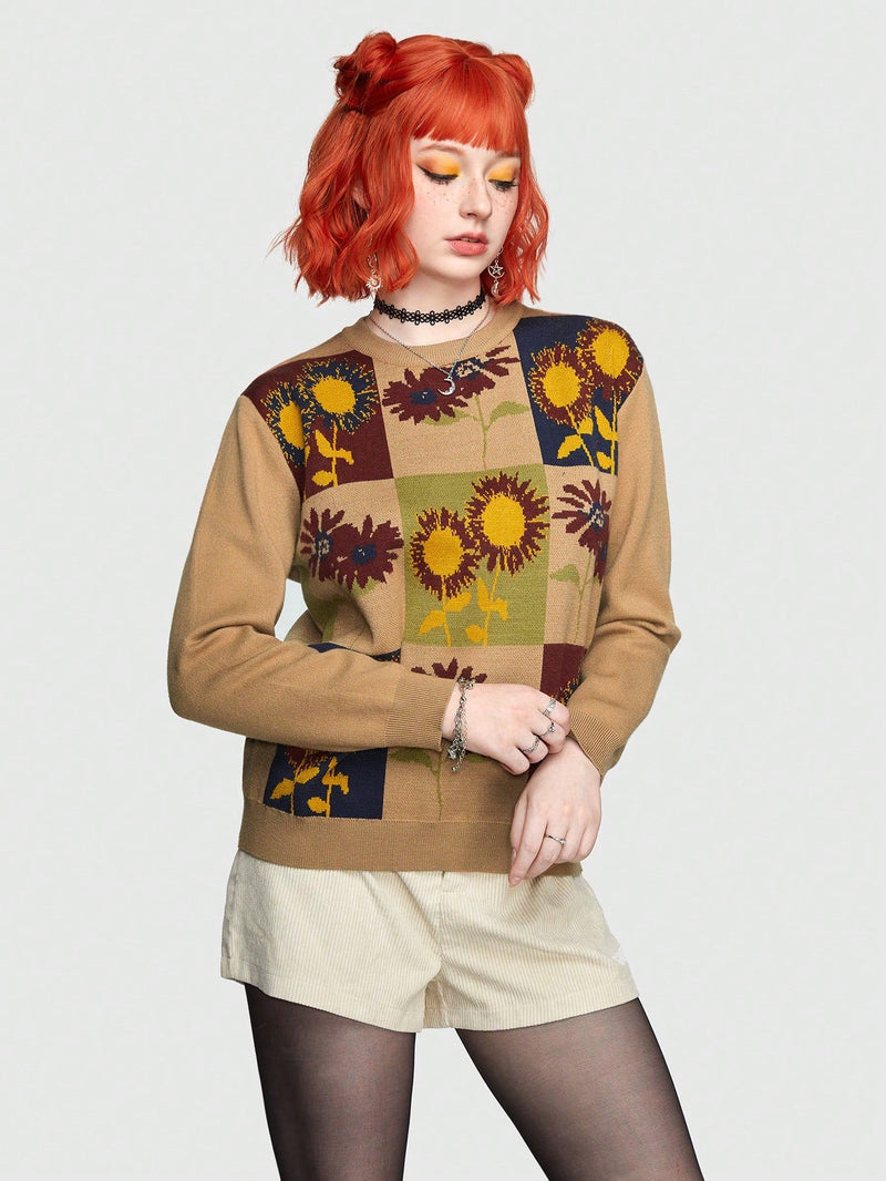 ROMWE Hippie Jersey Con Cuello Redondo Y Estampado Floral