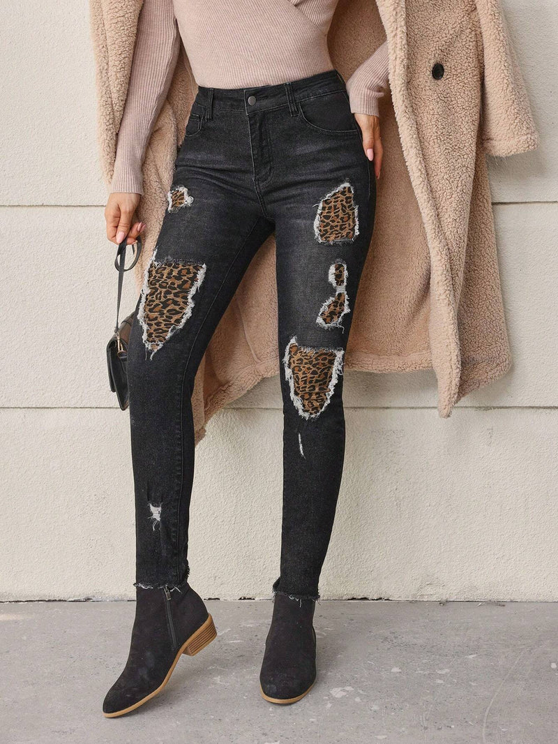 LUNE Jeans de mujeres de leopardo con estampado mezclilla