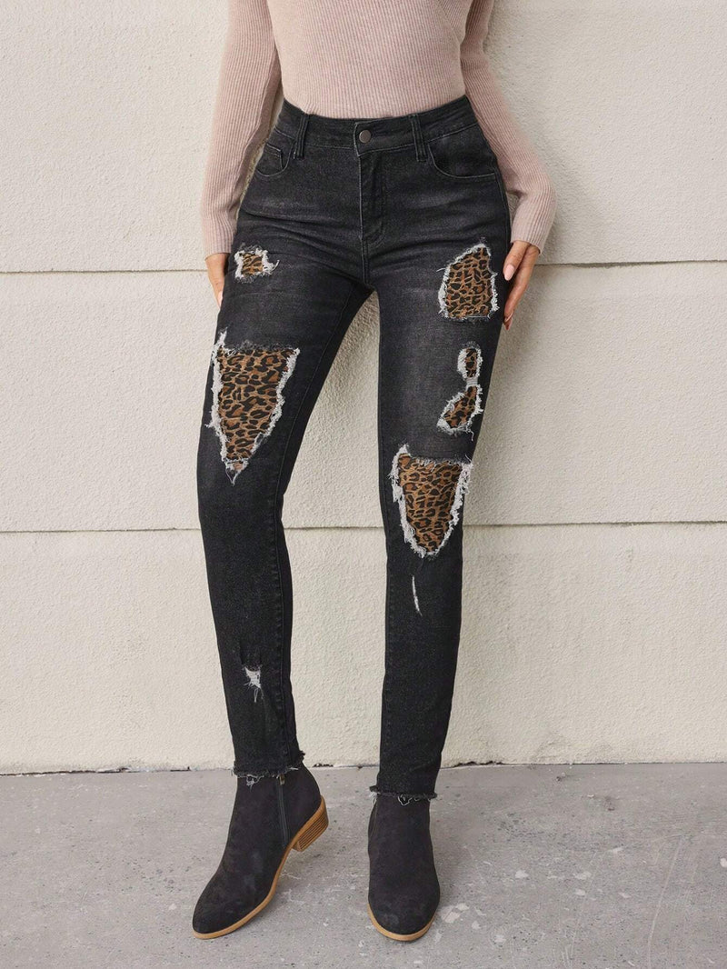 LUNE Jeans de mujeres de leopardo con estampado mezclilla