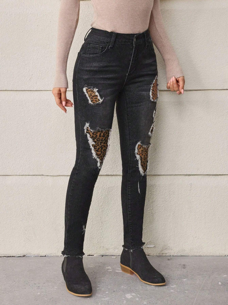 LUNE Jeans de mujeres de leopardo con estampado mezclilla