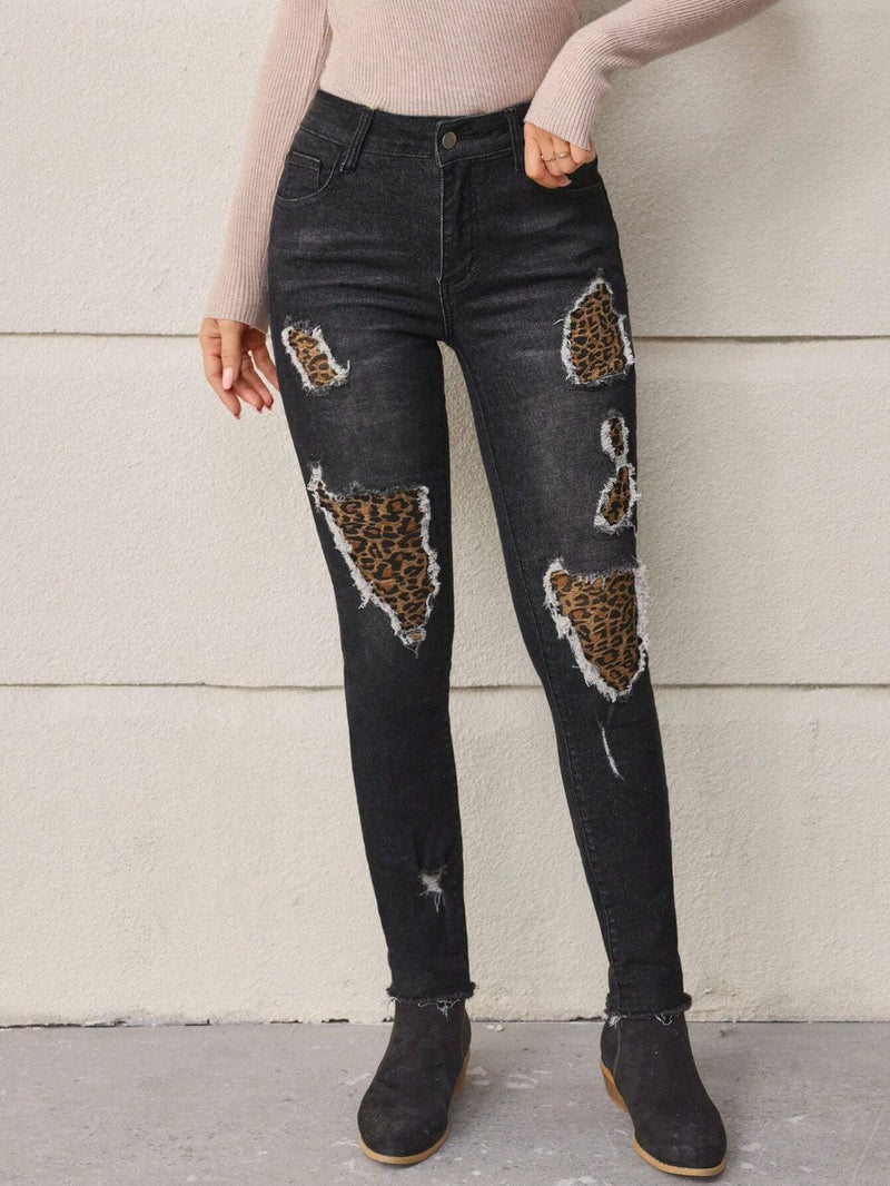 LUNE Jeans de mujeres de leopardo con estampado mezclilla