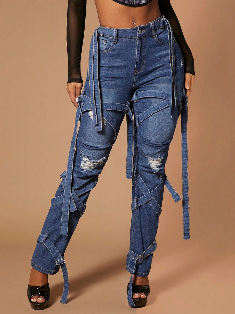 SXY Jeans Con Detalle De Tiras Rasgadas Y Hebillas