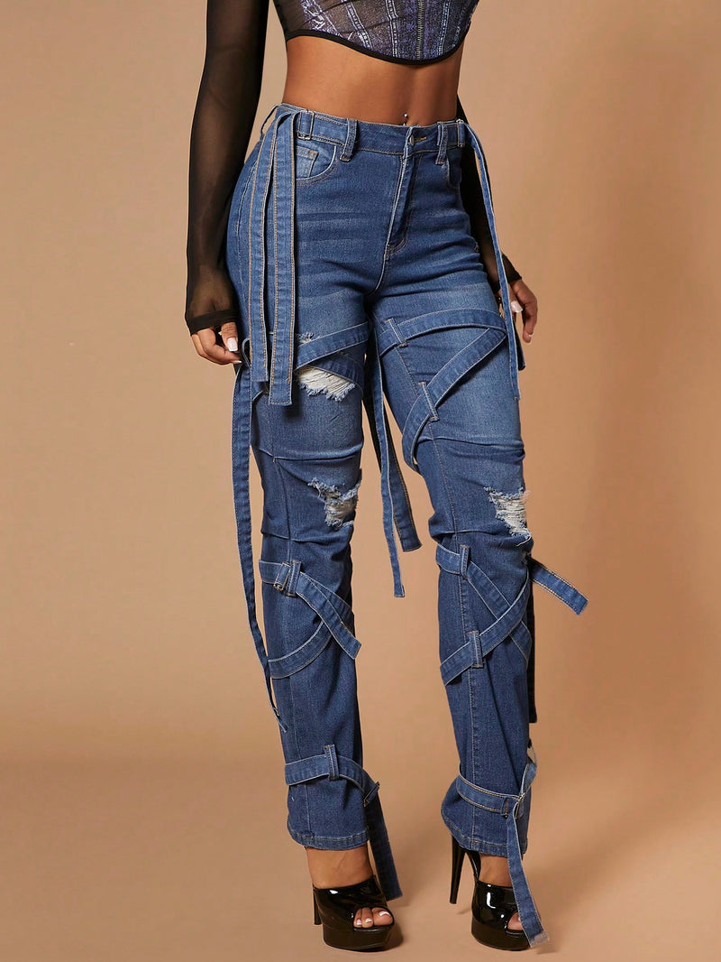 SXY Jeans Con Detalle De Tiras Rasgadas Y Hebillas